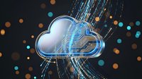 Futuristic cloud computing technology with glowing digital circuits and data streams on dark background for tech presentations and software development.