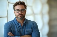 Confident middle-aged Caucasian businessman wearing glasses and denim shirt stands with arms crossed against light wall background, expressing leadership and expertise.