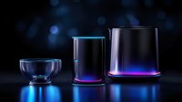 Glowing laboratory beakers with luminescent blue liquid on dark background, scientific research concept with dramatic lighting and neon effects.
