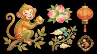 Festive Chinese zodiac monkey set with peach, lantern, floral ornaments, isolated on transparent background, ready for T-shirts, stickers, and print on demand.