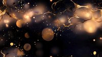 Abstract luxury background with golden bokeh lights and glowing particles on dark navy blue backdrop, creating an elegant cosmic atmosphere.
