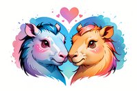 Cute romantic illustration of two llamas in anime style with heart background, perfect for Valentine's cards, love-themed designs and children's decorations. Blue and orange color scheme.