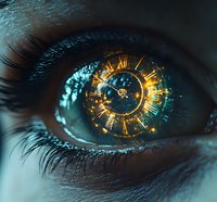 Surreal close-up of human eye with golden clock face reflection in pupil against turquoise background, representing time perception and consciousness concept.