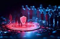 Digital security concept with glowing red shield protecting silhouetted figures on futuristic circuit background, representing cybersecurity and data protection solutions.