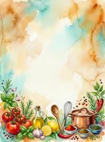 Watercolor cooking background with fresh vegetables, herbs, olive oil, and kitchen utensils arranged at bottom, featuring warm orange and cool turquoise washes with white space for text or design placement.