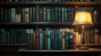 Vintage books on wooden library shelves with glowing table lamp creating cozy atmosphere. Classic literature collection in traditional bookcase setting.