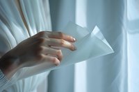 Female hands gently holding delicate white paper against soft curtain background in natural daylight, creating ethereal atmospheric mood for minimalist design concept.