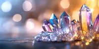 Colorful crystal quartz points with rainbow aura coating against blurred golden bokeh background, creating magical mineral formation with mystical glow and sparkle.