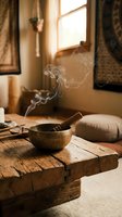 Smoking incense bowl with wooden stick on rustic table in cozy meditation room with warm sunlight and traditional decor for spiritual wellness practices.