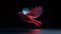Glowing red wireframe dove in flight against dark background, digital art style with luminous geometric lines creating peaceful bird silhouette.