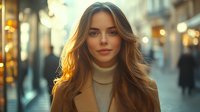 Young Caucasian woman with flowing caramel hair wearing beige turtleneck sweater and camel coat on blurred urban street with warm evening bokeh lights and soft golden sunlight.