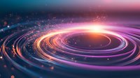 Glowing spiral light trails with orange and purple colors create dynamic motion effect against dark background with sparkling particles and bright energy burst.