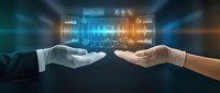 Two hands exchanging digital data visualization with glowing charts and analytics icons, representing business partnership, technology transfer, and financial information sharing.