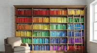 Rainbow colored books arranged by hue on wooden bookshelf creating vibrant spectrum display for home library interior design and organization concepts.