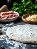 Fresh pizza dough rolled out on dark surface with flour, prosciutto and shredded mozzarella cheese in background, selective focus on raw dough preparation.