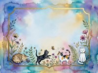 Watercolor frame with cute cats, flowers, and paw prints on a pastel background with gold border, perfect for greeting cards and invitations.