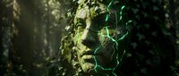 Forest guardian spirit with glowing veins emerging from moss-covered bark, mystical nature deity concept for fantasy storytelling and environmental themes.