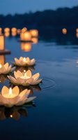 Floating lotus candles illuminate calm lake water at dusk creating peaceful ambiance with warm golden light reflections and serene evening atmosphere.