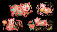 Festive pig illustrations with floral and ornamental details, isolated on transparent background. Ready for t-shirt design, clipart, stickers, print-on-demand products, and sublimation projects.