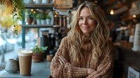 Smiling blonde woman in cozy brown sweater sitting at cafe table with latte, arms crossed, natural daylight streaming through window creates warm atmosphere.