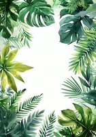 Lush tropical leaves frame creating border on white background. Monstera, palm and exotic foliage in watercolor style for summer designs and botanical prints.