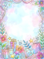 Whimsical floral and gift border frame with pastel watercolor background, featuring flowers, presents, stars, and gems. Isolated design element ready for greeting cards, invitations, posters, and digital projects.