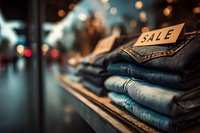 Stack of folded denim jeans with sale tag in clothing store with bokeh lights background for retail shopping and fashion marketing campaigns.