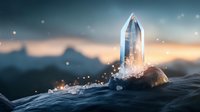 Glowing crystal quartz point emerges from rocky surface against moody sunset sky with magical sparkles and bokeh lights creating mystical atmosphere.