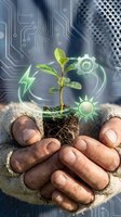 Hands holding seedling with neon green energy icons and circuit board background, representing sustainable technology, renewable energy, and eco-friendly innovation for business and environmental concepts.