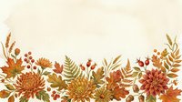 Autumn floral border with chrysanthemums, ferns, berries, and fall leaves in warm orange, red, and gold tones on a cream background.
