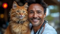 Hispanic middle-aged man with bright smile holding ginger Maine Coon cat with fluffy fur and collar outdoors. Close up portrait showing bond between pet owner and feline companion.