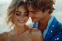 Young Caucasian couple sharing intimate moment with snow falling, she smiles with closed eyes while he leans close, creating romantic winter atmosphere.