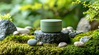 Green cosmetic jar on natural stone surrounded by moss and pebbles in soft sunlight. Eco-friendly skincare product photography with organic forest elements.