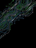 Green circuit board pattern with electronic pathways and connection points on black background for technology designs.