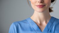 Confident female healthcare professional in blue medical scrubs against neutral gray background, portraying competence and approachability.
