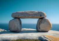 Natural stone arch formation on coastal granite rocks against blue ocean horizon and clear sky, creating balanced zen-like structure in morning light.