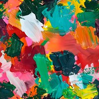 Vibrant abstract brushstrokes in red, green, turquoise and pink create dynamic movement and energy, with bold textural elements and expressive artistic technique.