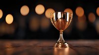 Golden trophy cup on dark background with glowing bokeh lights creating festive atmosphere. Achievement and success concept for business presentations.
