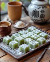 Traditional Asian dessert mochi squares with coconut flakes served on ceramic plate alongside oriental teapot and clay cups on wooden table. Atmospheric setup.