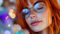 Young woman with red hair and round glasses in dreamy expression against blurred bokeh lights background, soft focus portrait with blue and purple tones.