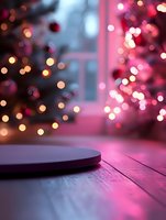 Empty wooden table with blurred Christmas lights background in pink and golden bokeh, creating magical holiday atmosphere for product display or mockup.