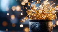 Magical glowing golden butterflies emerging from dark glittery pot against blurred bokeh background, creating enchanting fantasy atmosphere for greeting cards and designs.