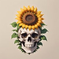 Artistic composition of human skull adorned with vibrant sunflower crown and green leaves against neutral background, creating dramatic contrast between life and death.