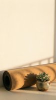 Rolled cork mat with succulent plant in ceramic pot casting shadow on beige wall, minimalist home decor and gardening setup for interior design projects.