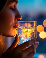 Young Asian woman holding illuminated glass with sparkling water against blurred city lights at dusk, creating magical atmosphere with golden bokeh effects.