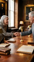 Senior woman and man shaking hands across wooden desk in elegant office library with books, lamp, and framed portraits. Business meeting, partnership agreement, professional negotiation scene.