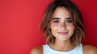 Young Hispanic woman with brown wavy hair and natural makeup smiling warmly against vibrant red background, wearing white sleeveless top, expressing joy and confidence.