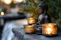 Bronze Buddha statue in meditation pose on stone ledge with glowing candle holders and pine branches creating peaceful zen atmosphere at dusk.