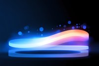 Glowing abstract wave with blue and pink neon lights on dark background creates futuristic atmosphere, floating luminous elements with bokeh effect.