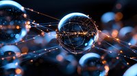 Glowing sphere with connected light trails and network lines against dark background with blue bokeh effects, representing global connectivity and technology.